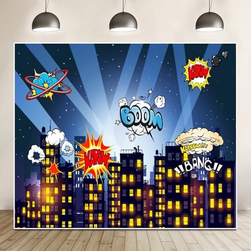 12x8ft Superhero Super City Photography Backdrops Cartoon Skyline Buildings City Boom Photo Backdrop Decorations Children Boys Birthday Party Cake Table Banner Background Studio Booth - size: 12X8FT