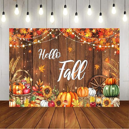 Mocsicka Hello Fall Backdrop Banner Fall Thanksgiving Photography Backdrop Rustic Wooden Door Autumn Pumpkin Harvest Baby Shower Decorations Photo Booth Props (10x7ft(120x82 inch)) - size: 10x7ft(120x82 inch)