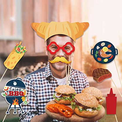 25 Pcs BBQ Photo Booth Props with Stick,Burger BBQ Party Decorations Cookout Themed Picnic Decorations Reunions Fun Selfie Props