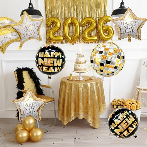 Biapian New Year Eve Balloons, 6 Pcs Huge Black and Gold Happy New Years Foil Balloons with 22 Inch Shiny Disco Ball NYE Balloon 18 Inch Round Star Balloon for 2026 New Year Party Decorations Supplies - style: New Year