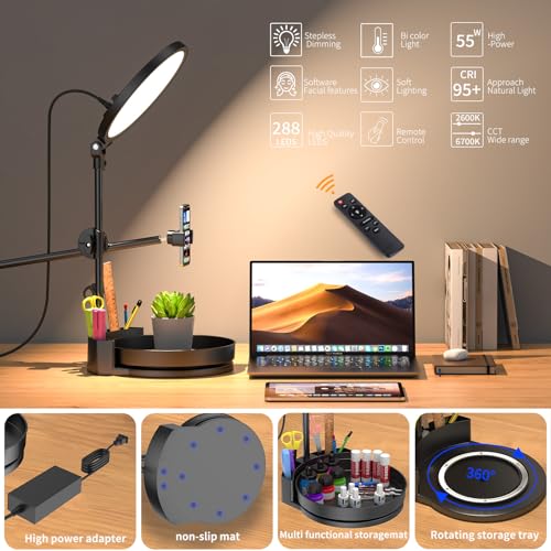 Selfie Light Kit for Desk and Laptop,55W Dimmable Full Screen Ring Light,with Rotating Storage Box,Pen Holder Stand,Phone Holder and Controller (Ice Blue, 10.5) - color: Ice Blue