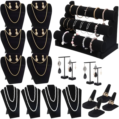Geelin 19 Pcs Velvet Jewelry Display Set for Flat Necklace Stand 3-tier Bracelet Stand Earrings Holder Ring Finger Holder(Classic)