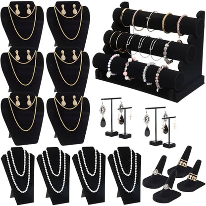 Geelin 19 Pcs Velvet Jewelry Display Set for Flat Necklace Stand 3-tier Bracelet Stand Earrings Holder Ring Finger Holder(Classic)