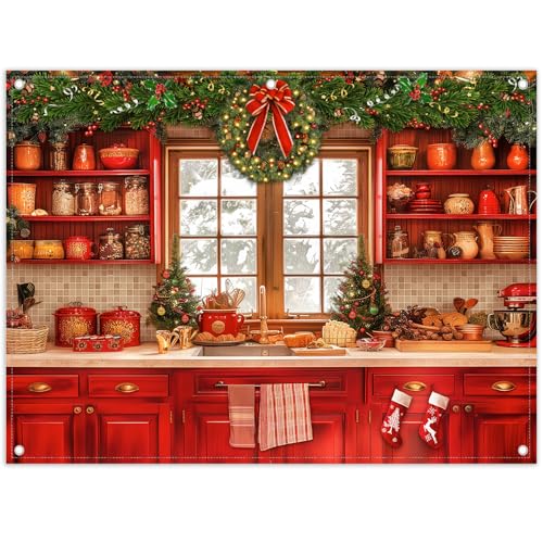 Fabric 8x6ft Christmas Kitchen Photography Backdrop Cabinets Window Winter Snow Scene Background Xmas Family Party Decoration New Year Photo Banner Props - size: 8'x6'