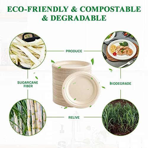 Vplus 350 Pack Paper Plates 7 inch 100% Compostable, Heavy-Duty Disposable Paper Plates Bagasse Natural Biodegradable Eco-Friendly Sugarcane - color: Nature, style: 7 IN Round Plates