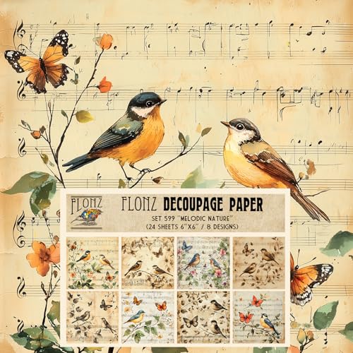 Flonz Decoupage Paper Pack (24 Sheets 6"x6") - High Gloss, Acid Free, Lignin Free, 30 Years No Fade Guarantee - Vintage-Inspired Nature: Birds, Butterflies, Musical Notes - color: FortyEight