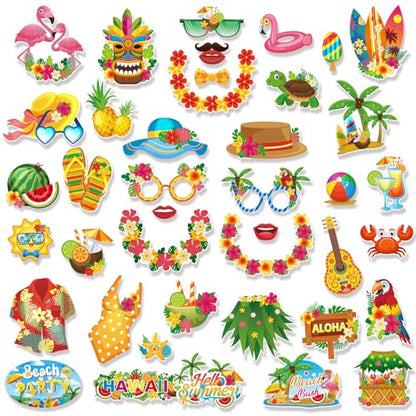 Konsait 42 PCS Hawaiian Photo Booth Props Luau Party Decorations, Summer Photo Booth Props Tropical Picture Prop Hawaiian Party Decor Aloha Backdrop Prop