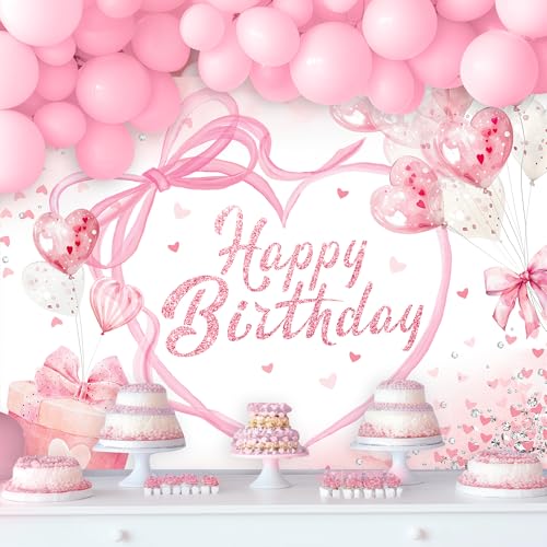 NEWsely Pink Bow Birthday Party Decorations Backdrop 7Wx5H Photography Coquette Birthday Decorations for Girl Happy Birthday Backdrop for Women Bachelorette Party Banner Photo Booth Props Supplies - color: D-pink bow, size: 7Wx5H
