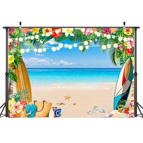 12 x 10 ft Summer Party Backdrop Hawaii Ocean Beach Tropical Leaves Flower Background Aloha Decorations Photo Booth Props Seaside Luau Happy Birthday Party Banner - size: 12*10 ft