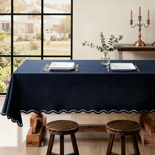 Rectangle Tablecloth Linen Textured Waterproof & Stain Resistant Table Cloth Decorative Scalloped Cutouts Farmhouse Table Cover for Dining Tables, Buffet Parties and Camping, 52 x 70 Inch, Navy Blue - color: Navy Blue, size: 70" x 52" (Rectangular)