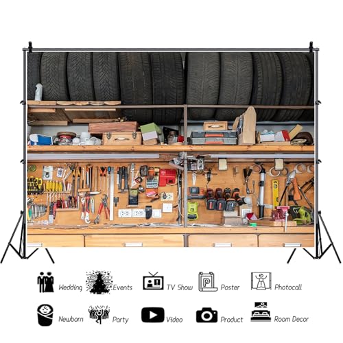 10x6.5ft Garage Backdrops Vintage Garage Car Repair Room Photography Background Tool Holder Wrench Measuring Ruler Photo Shooting Props - size: 10x6.5ft