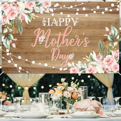 Avezano Happy Mother's Day Banner Floral Wood Mothers Day Backdrop Happy Mothers Day Party Decorations Thanks Mother's Day Photo Booth Props 6x3.6ft