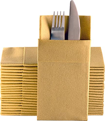 Moyes Home Gold Disposable Dinner Napkins with Pocket - Linen-Feel Pre-Folded Cloth-Like Paper Napkins for Silverware, Weddings, Dinner Parties, 16x16 in, Pack of 50 - color: Gold