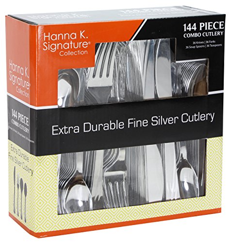 Plastic Cutlery Silverware Heavyweight Disposable Flatware, Plastic Cutlery Like Silver Combo Pack 144 pieces - 36 of each Fork, Knife, Teaspoon, Soup spoon