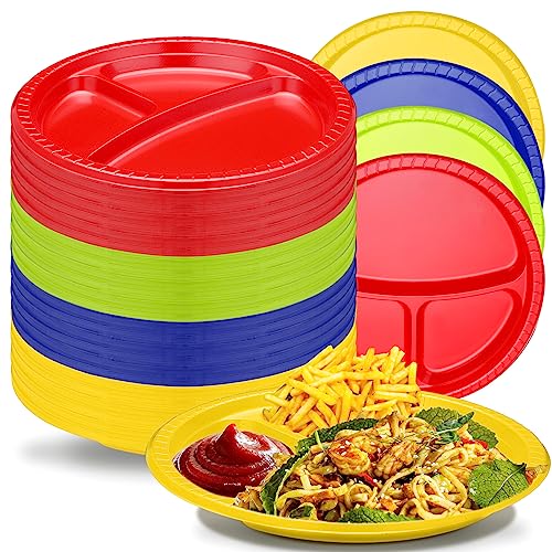Umigy 100 Pcs 10 Inch 3 Compartments Divided Plastic Plates Bulk Colorful Disposable Heavy Duty Round Dinnerware for Valentine Wedding Birthday Party(Multicolor) - color: Multicolor