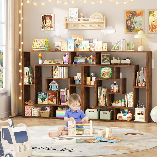 Armocity 6 Tier Display Book Shelf Wall Mounted Bookshelf Freestanding Geometric Bookcase Floating Book Shelves for Wall Bedroom Living Room Home Office, 45.5"(W) * 47"(H), Rustic Brown - color: Rustic Brown