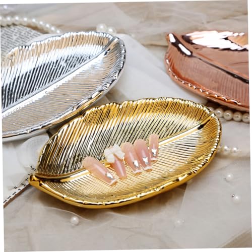 CLISPEED Ceramic Jewelry Display Tray Leaf Shape Nail Art Display Plate Gold Jewelry Organizer Ring Holder Photo Prop for Vanity Table Storage