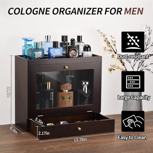 Perfume Organizer for Men, Wood Perfume Display Stand with Velvet Lining Drawer,Capacity Dustproof Perfume Holder for Watch,Jewelry,Perfume Display Risers,A Gift for Men (Walnut) - color: Walnut