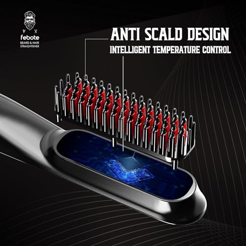 Heated Ionic Hair Straightening Brush for Men - 5 Temperature Settings, Anti-Scald, Beard Shaper & Travel Bag - color: Black