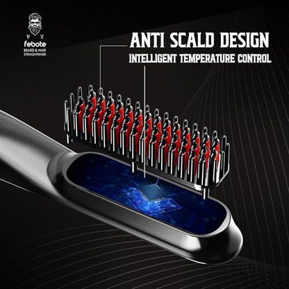 Heated Ionic Hair Straightening Brush for Men - 5 Temperature Settings, Anti-Scald, Beard Shaper & Travel Bag - color: Black