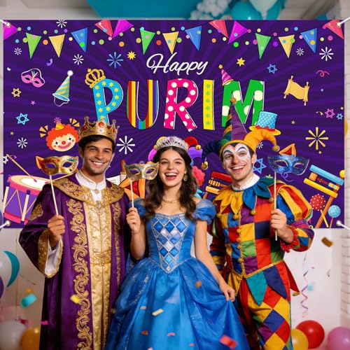 Mocsicka Happy Purim Banner Backdrop Jewish Carnival Purim Party Background Decorations Outdoor Indoor Photo Booth Props 70.8 x 43.3 Inch 70.8 x 43.3 Inch