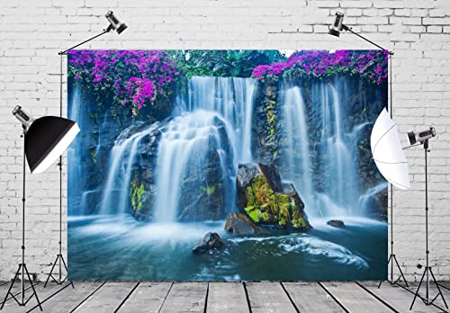 BELECO 6x4ft Fabric Waterfall Landscape Backdrop Forest Mountain Falls Lake Blooming Flowers Natural Scenery Photography Background Wallpaper Children Kids Adults Portrait Photo Shoot Studio Props - size: 6x4FT
