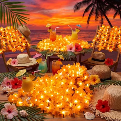 Sherr 24 Pcs LED Orange Leis Light up Wedding Hawaiian Leis Flower Necklace with LED Lights Beach Tropical Carnival Party Wedding Supplies Luau for Masquerade - color: Vibrant Orange