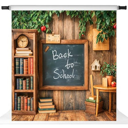 Kate Back to School Photo Backdrop Chalkboard Wood Wall Background Green Leaves Welcome Students to School Photography Backdrops, 10x10ft - size: 10x10ft