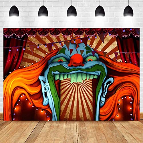 Scary Giant Clown Photography Backdrop Red White Stripe Carnival Photo Background Photo Booth Studio Props Supplies Horror Circus Haunted House 7x5ft Vinyl Halloween Party Banner Decorations - size: 7x5ft