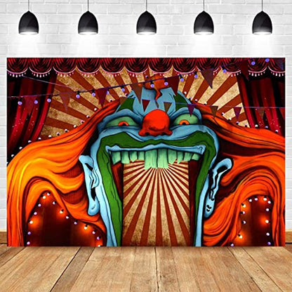Scary Giant Clown Photography Backdrop Red White Stripe Carnival Photo Background Photo Booth Studio Props Supplies Horror Circus Haunted House 7x5ft Vinyl Halloween Party Banner Decorations - size: 7x5ft