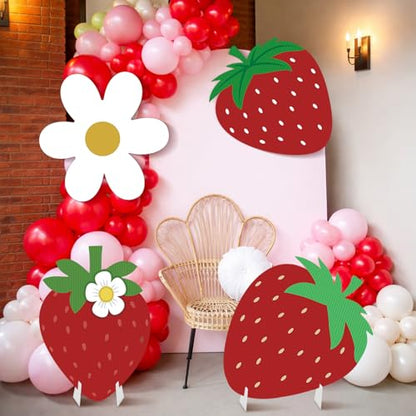 4 Pcs Large Strawberry Birthday Cardboard Cutouts Strawberry Baby Shower Backdrop Party Decorations for Lawn Yard Signs Summer Fruit Themed Party Supplies Photo Booth Props - style: Strawberry