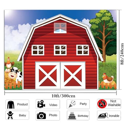 Cartoon Farm Photography Backdrop Animals Rustic Farmhouse Red Barn Photo Background for Kids Birthday Party Decoration Barnyard Baby Shower Newborn Photobooth Banner (10x8 FT) - size: 10x8 FT