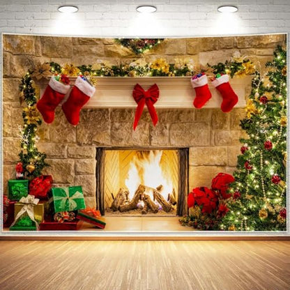 10x8ft Christmas Fireplace Theme Backdrop for Photography Soft Wrinkle Free Fabric Tree Sock Decorations for Xmas Party Supplies Photo Background Pictures Banner Studio Decor Booth Props - size: 10ft by 8ft