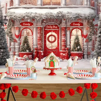 5x3ft Red Christmas Shop Photo Backdrop - Xmas Gingerbread House Banner Santa Background - Baby Shower Candy Themed Birthday Decor House Party Photo Booth Props - size: 5x3ft