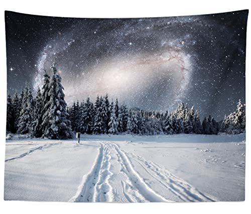 BELECO 5x3ft Fabric Winter Snowy Forest Night Photography Backdrop Galaxy Sky Stars White Snow Trees Wintry Scene Background for Christmas New Year Party Decorations Holiday Outdoor Photo Props - size: 5x3FT