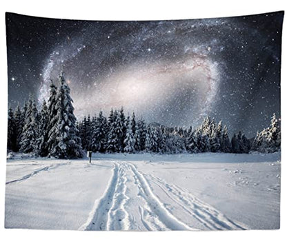 BELECO 7x5ft Fabric Winter Snowy Forest Night Photography Backdrop Galaxy Sky Stars White Snow Trees Wintry Scene Background for Christmas New Year Party Decorations Holiday Outdoor Photo Props - size: 7x5FT