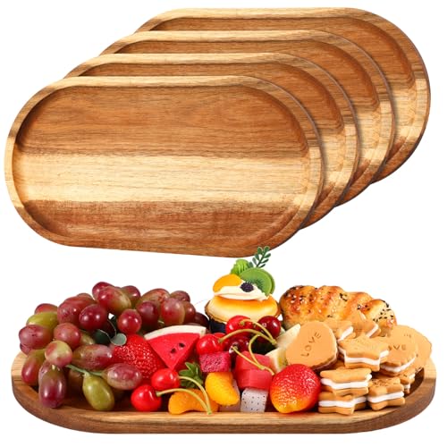Yaomiao 4 Pcs Acacia Wooden Serving Tray Oval Shaped Rustic Wood Plates Large Decorative Natural Tray Serving Platter for Food Charcuterie Cheese Dish Bread Fruit Kitchen(16 x 10 Inch) - size: 16 x 10 Inch