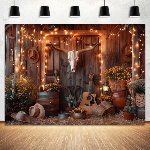 Western Boho Backdrop for Photography Southwest Country Ranch Photo Backdrop Retro Rustic Barn Door with Bull Skull Cactus Cowboy Guitar Texas Hippie Photo Background Booth Video Studio Props 5X3FT - color: Bull Skull, size: 5X3FT