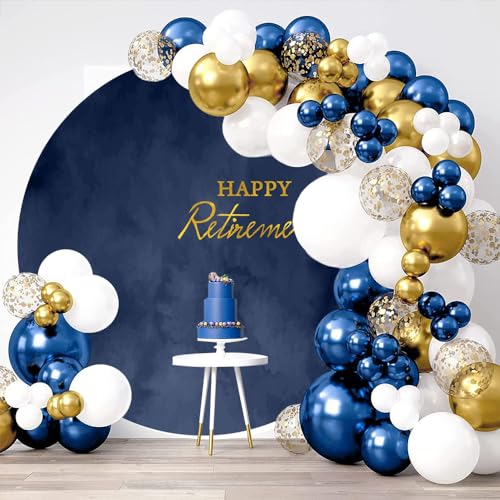7x7ft Polyester Happy Retirement Round Backdrop Cover Navy Blue Marble Texture Photography Background for Men Retirement Party Decor Banner Photo Booth Props - size: 7x7ft-Diameter