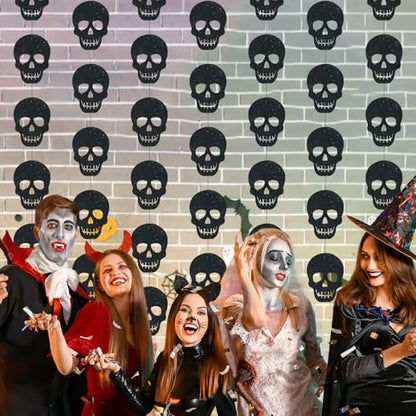 Xinnun Skull Party Decorations Black Skeleton Hanging Banners Garland Gothic Theme Banner Cutouts Ribbon Streamers for Halloween Spooky Funny Funeral Birthday Party Decor Supplies(Skull) - style: Skull
