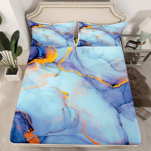 Erosebridal Marble Full Fitted Sheet for Boys, Stone Pattern Fluid Bedding Set Watercolor Liquid Quicksand Bed Sheets Artwork Metallic Marble Sheets with 2 Pillow Cases, Blue Yellow - color: Blue Yellow, size: Full
