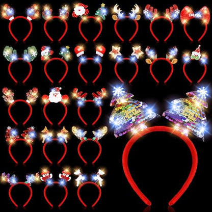 Jexine 24 Pcs Christmas Light up Headbands LED Christmas Headbands with Different Designs Reindeer Antler Santa Hat Tree Xmas Hat Bow Hair Hoop for Xmas Party Favors Decoration Adult Women