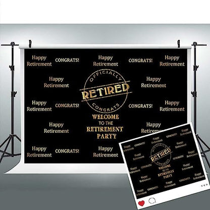 Officially Retired Black Golden Banner Backdrop for Photography, 5x3FT, Happy Retirement Party Background, Photo Booth Studio Props BJMYLU393 - size: vinyl-5x3ft