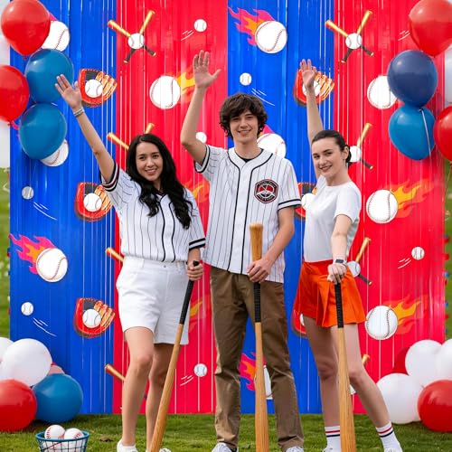 2Pack Baseball Backdrop Banner Baseball Birthday Party Decorations Supplies for Boys Kids, Sports Themed Party Decorations Blue White Red Tinsel Backdrop Foil Fringe Curtains Door Streamers