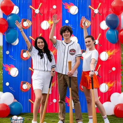 2Pack Baseball Backdrop Banner Baseball Birthday Party Decorations Supplies for Boys Kids, Sports Themed Party Decorations Blue White Red Tinsel Backdrop Foil Fringe Curtains Door Streamers