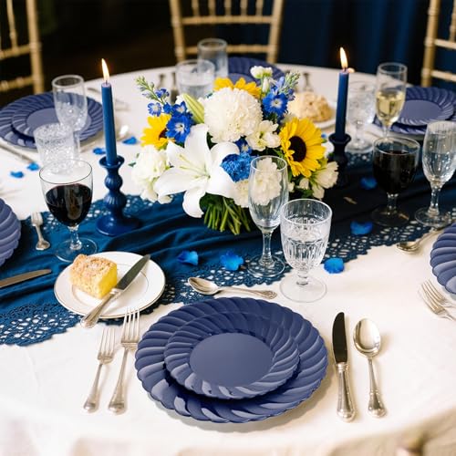 U-QE 60 Pcs Blue Plastic Plates for Party – Scalloped Blue Plates Disposable Heavy Duty – Include 30 10.25" Dinner & 30 7.25" Dessert Plate - Perfect for Parties, Weddings - color: Blue