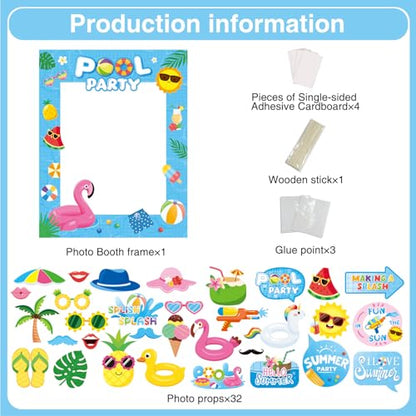 33Pcs Pool Party Photo Booth Props with Blue Frame, Summer Photo Booth Props for Hello Summer Pool Party Decorations, Hello Summer Beach Party Decorations