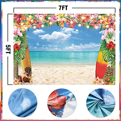 7x5ft Summer Hawaiian Beach Backdrop for Photography Tropical Flower Luau Hawaiian Party Decorations Aloha Blue Sky Ocean Palm Leaves Background Supplies Photoshoot - size: 7'x5'