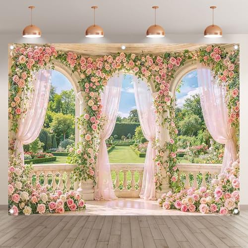 Fabric 8x6ft Spring Window Scenery Photography Backdrop Pink Flowers Rose Graden Background Girl Princess Wedding Bridal Shower Birthday Party Decorations Photo Props - size: 8'x6'