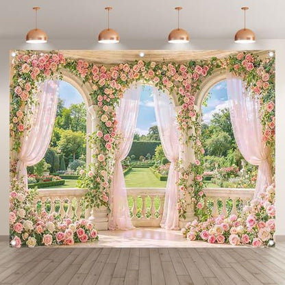 Fabric 8x6ft Spring Window Scenery Photography Backdrop Pink Flowers Rose Graden Background Girl Princess Wedding Bridal Shower Birthday Party Decorations Photo Props - size: 8'x6'